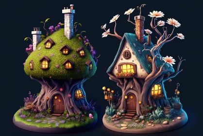 Captivating Tree House Artwork with a Whimsical Fairy
