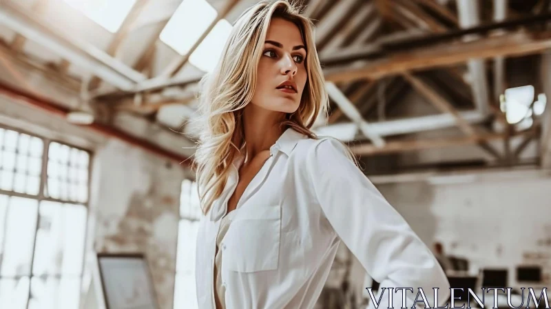Confident Young Woman in White Blouse | Natural Light Photography AI Image