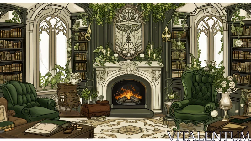 Cozy Library Painting | Bookshelves, Plants, and Fireplace AI Image