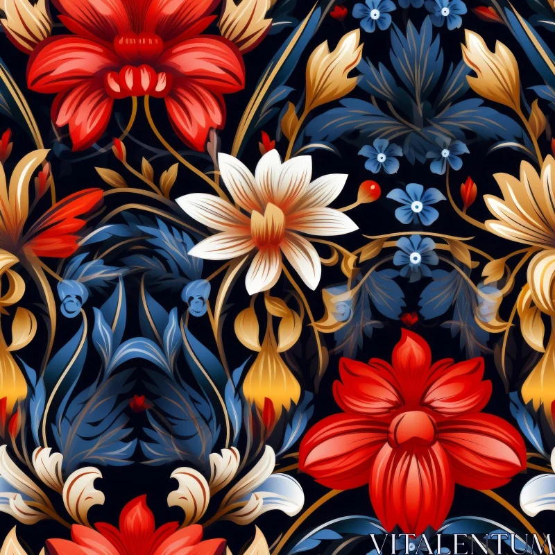 Dark Blue Floral Pattern with Red and Blue Flowers AI Image