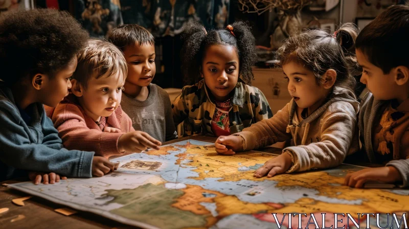 Engaging Discussion: Children Exploring a World Map AI Image