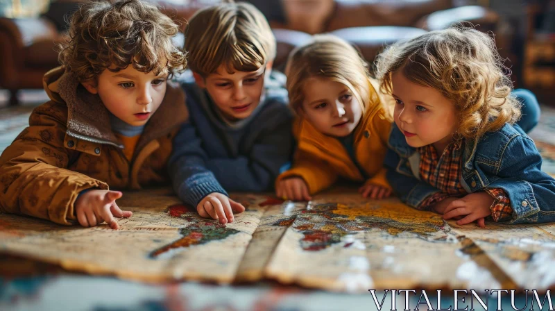 Exploring the World: Four Children Engrossed in a World Map AI Image