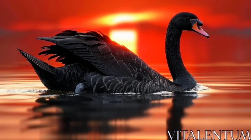 AI ART Graceful Black Swan at Sunset on Calm Lake