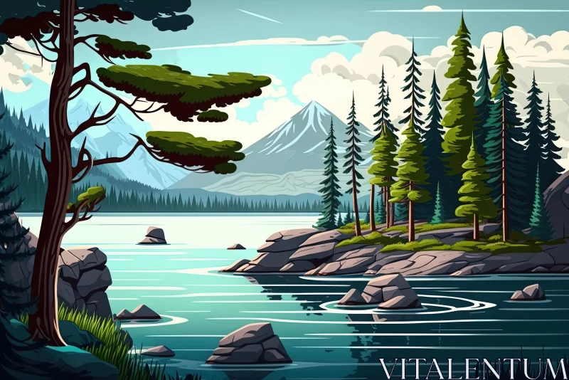 Serene Lake and Majestic Mountains: Hyper-Detailed Nature Illustration AI Image
