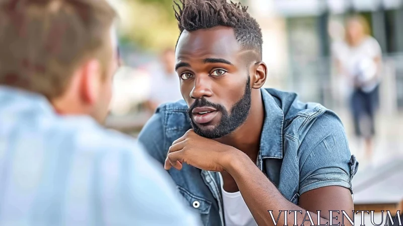 Serious African-American Man in Blue Denim Shirt - Outdoor Conversation AI Image