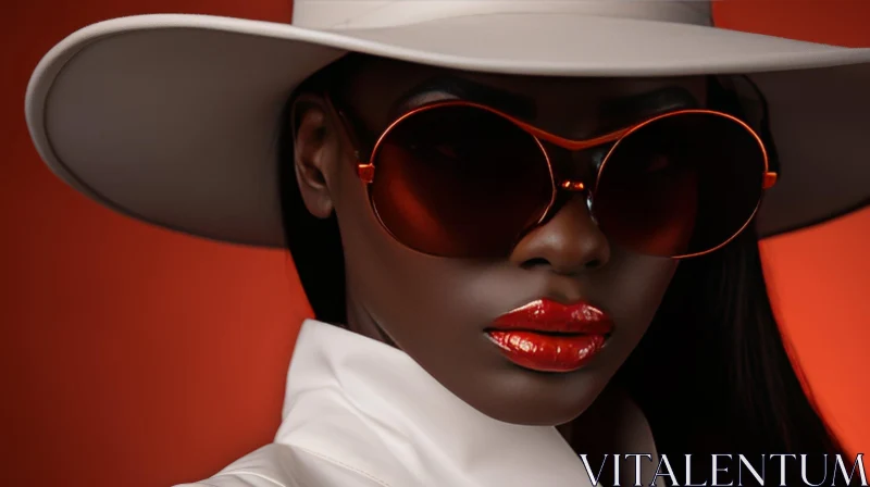 Stylish Woman Portrait with White Hat and Sunglasses AI Image