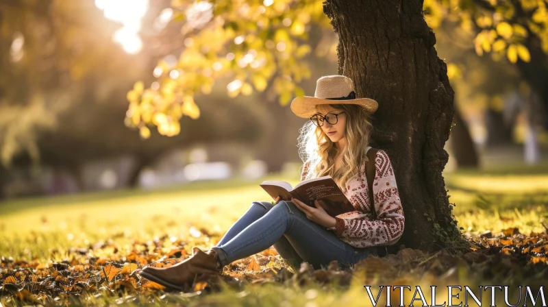 Tranquil Nature Photography: Woman Reading a Book in a Park AI Image