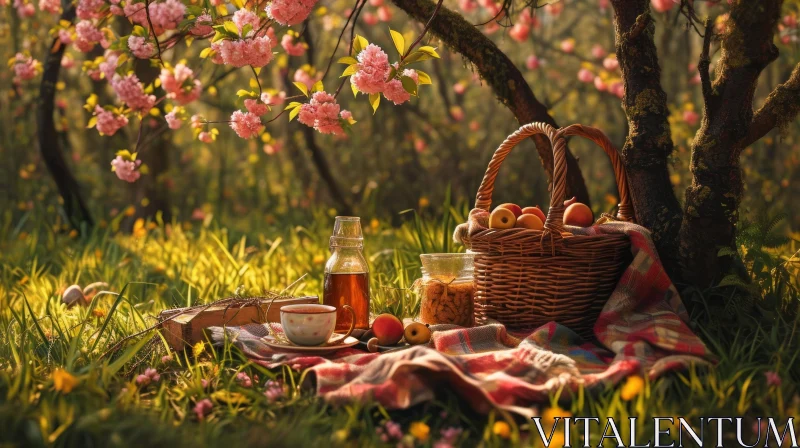 Tranquil Spring Picnic in a Blooming Garden AI Image