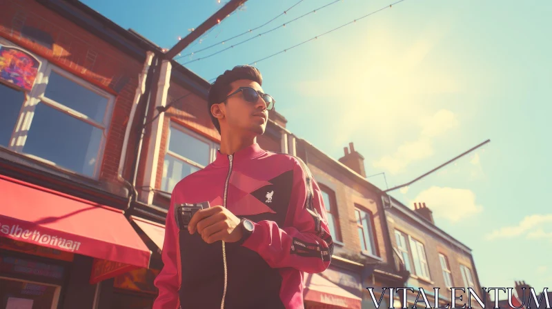 Urban Street Photography: Young Man with Camera in Pink and Black Tracksuit AI Image