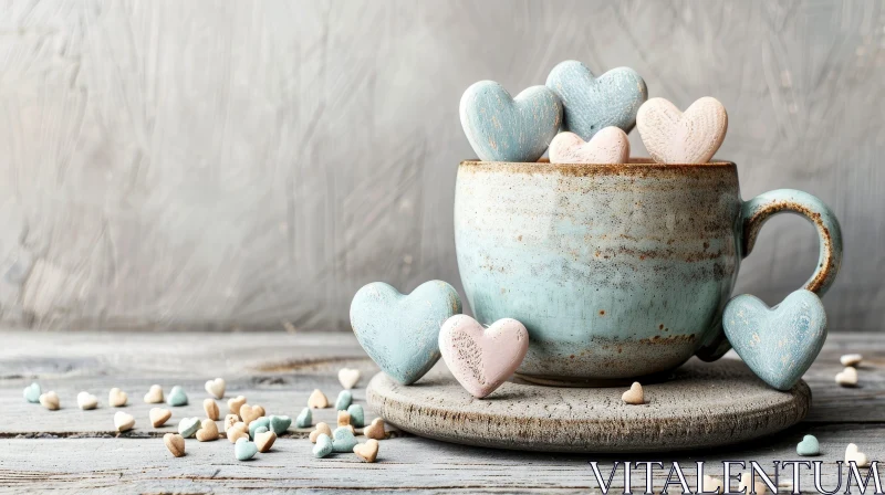 Blue Ceramic Cup with Wooden Hearts on Table AI Image