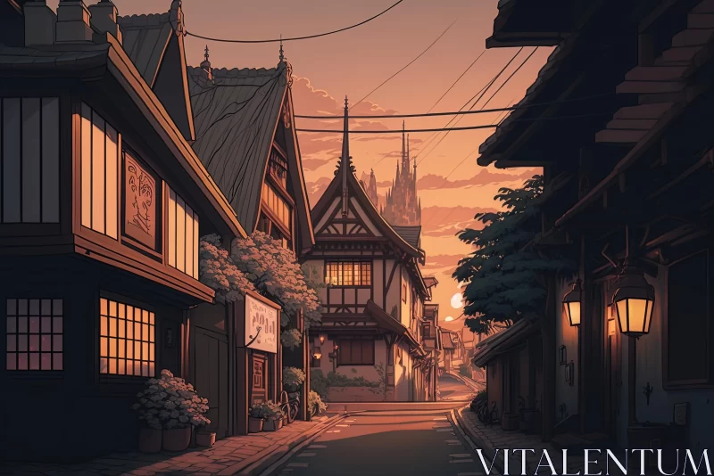 Captivating Manga-Inspired Street Scene at Sunset | Japanese Renaissance meets Suburban Gothic AI Image