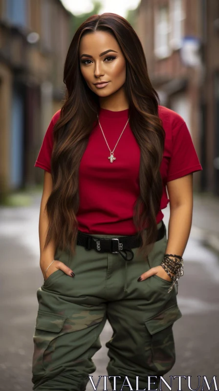 Casual Young Woman Portrait in Red T-Shirt and Camo Pants AI Image