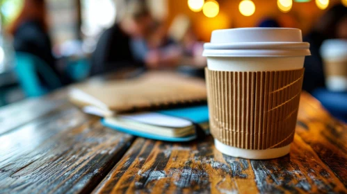 Close-up of Disposable Coffee Cup on Wooden Table with Open Book