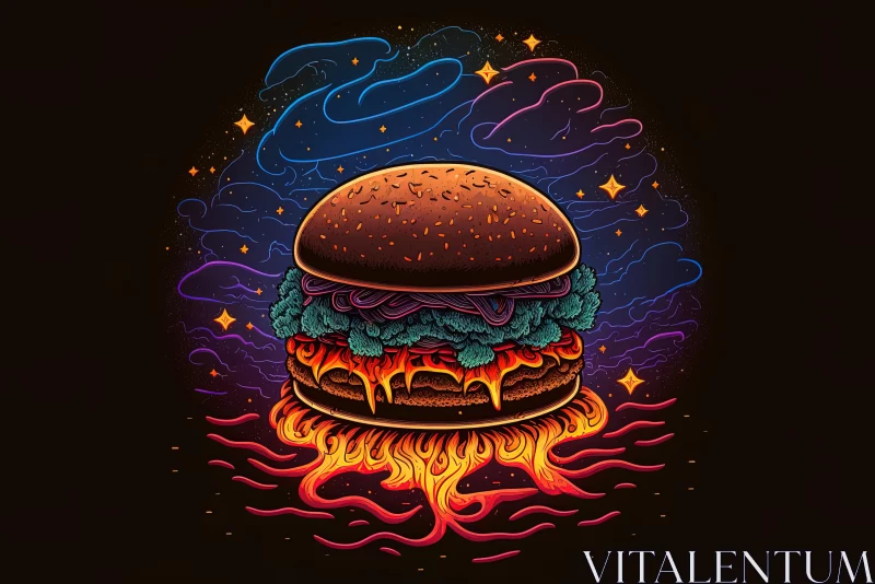 Intricate Psychedelic Burger Illustration on Black Background AI Image