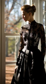 Melancholic Woman Portrait in Black Lace Dress by Window