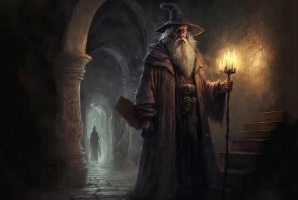 Mysterious Wizard in Underground Hallway - Captivating Artwork