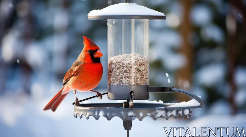 Northern Cardinal on Snowy Bird Feeder AI Image