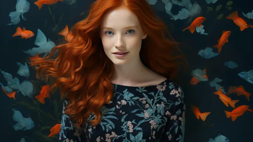 Serene Woman Portrait with Red Hair in Blue Floral Dress