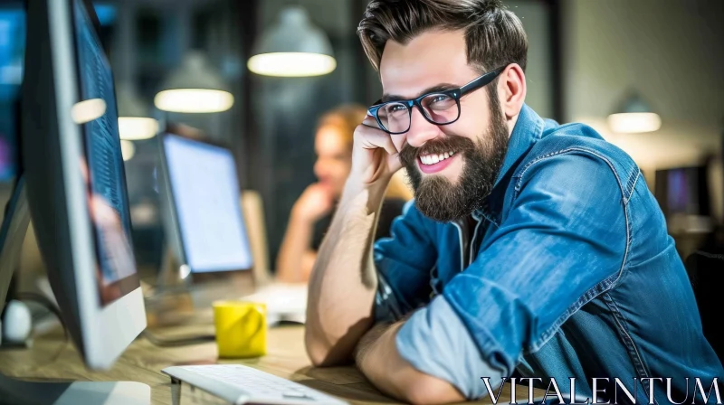 Smiling Bearded Man in Office - Blue Jeans Shirt AI Image