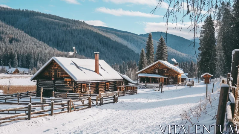 Snow-covered Wooden Houses in the Mountains - Serene and Peaceful AI Image