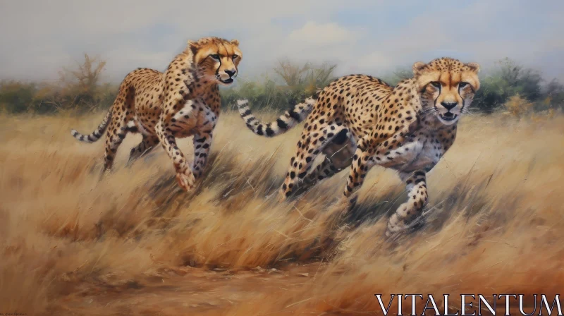 AI ART Three Cheetahs Running in Grassy Field Painting