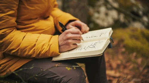 Young Man Writing in Diary in Woods | Serene Nature Scene