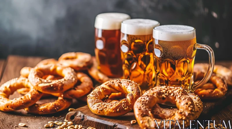 Beer and Pretzels on Wooden Table AI Image