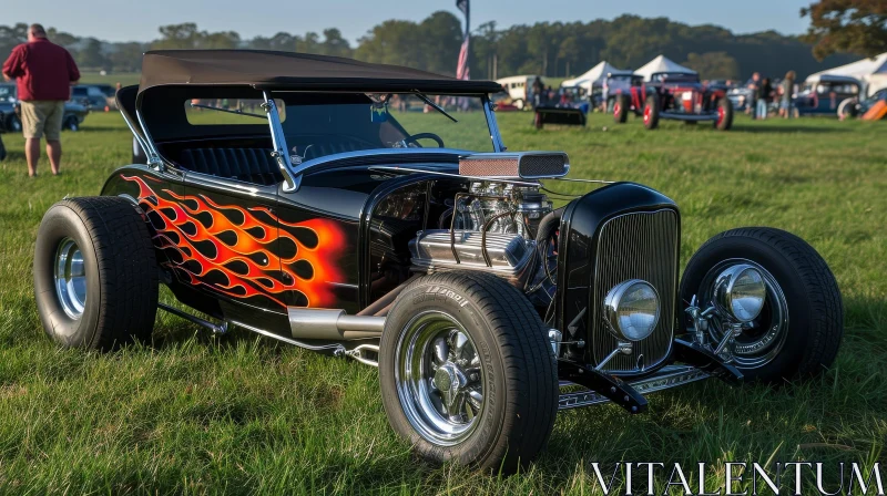 Black 1932 Ford Roadster Hot Rod with Flames on Grass Field AI Image