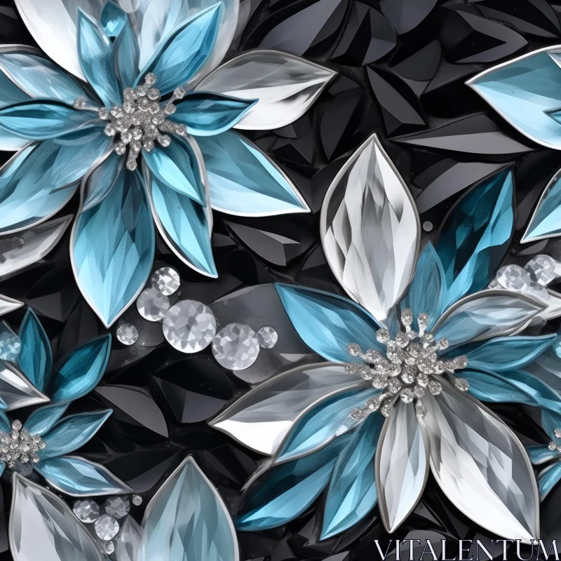 Blue and White Flowers with Crystal Centers on Black Background AI Image