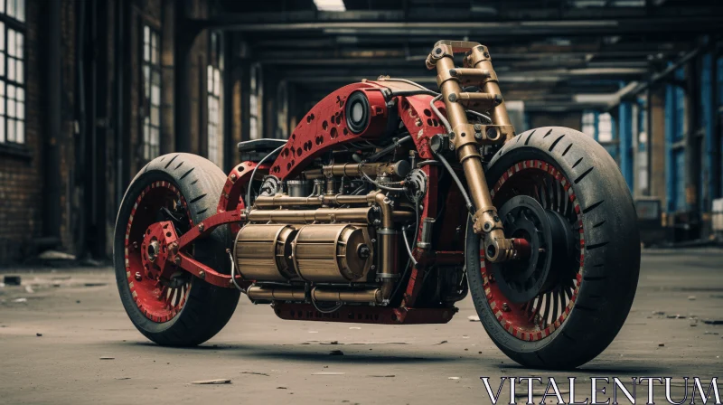 Captivating Steampunk Motorcycle in Warehouse | Red and Gold Design AI Image