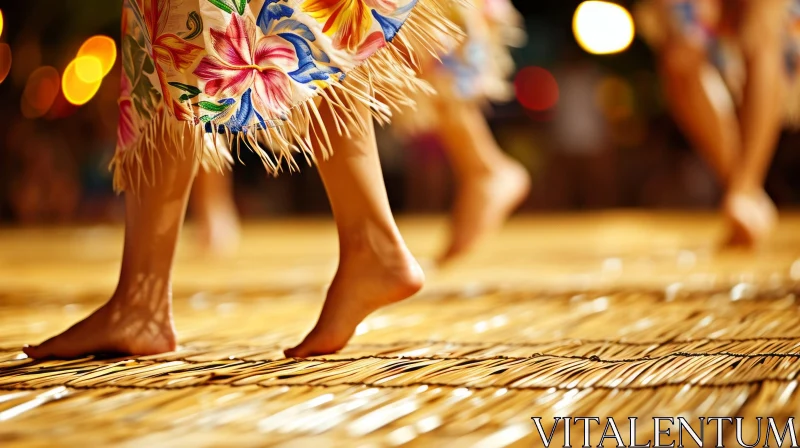 Elegant Barefoot Female Dancers in Floral Skirts on a Straw Mat AI Image