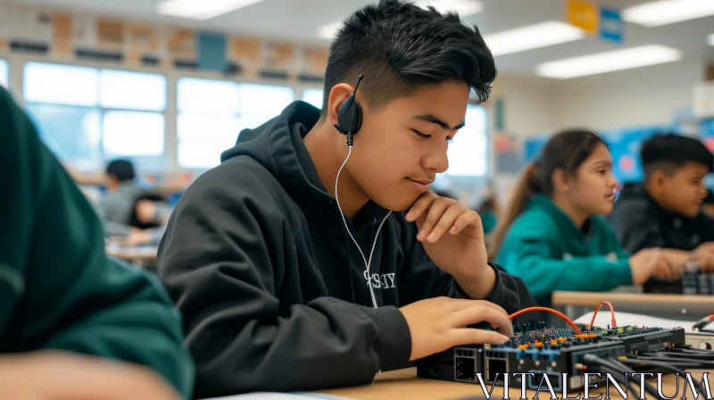 Enigmatic Study: Captivating Image of Asian Teenage Boy Immersed in Classroom AI Image