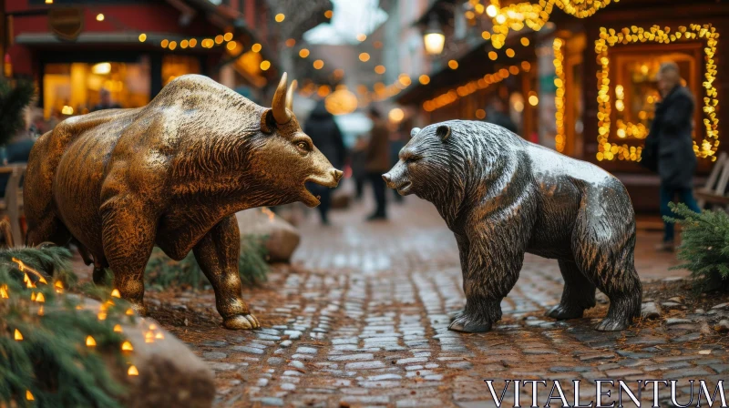 Intense Encounter: Bronze Bull and Silver Bear on Cobblestone Street AI Image