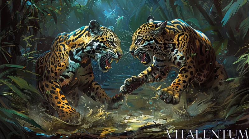 AI ART Intense Jaguar Battle in Lush Jungle - Digital Painting
