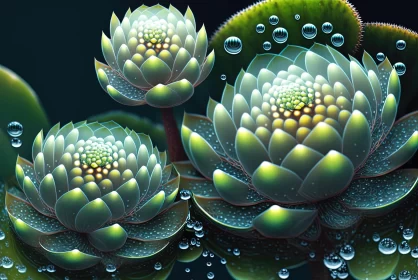 Intricate Green Lotus Flowers with Water Drops | Science Fiction Inspired