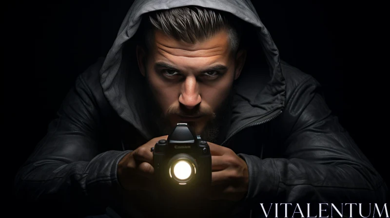 Man in Black Hoodie Holding Camera with Bright Flash AI Image