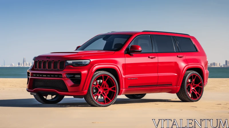 Red Jeep Grand Cherokee on the Beach | Bold Line Work | Chicano-Inspired AI Image