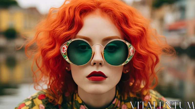 Serious Redhead Woman in Green Sunglasses with Floral Pattern AI Image