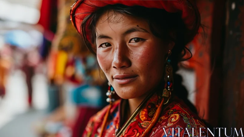 Smiling Tibetan Woman in Traditional Dress with Red Hat and Embroidery AI Image