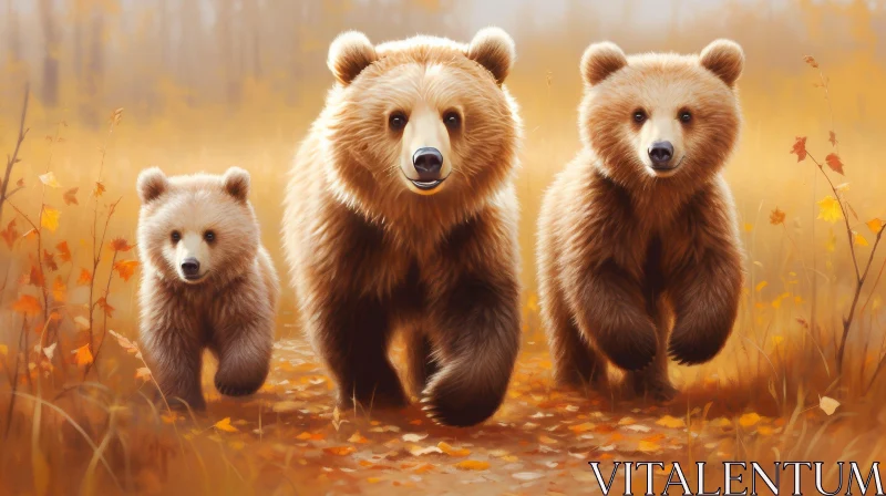 Three Bears Walking Through Forest - Wildlife Painting AI Image
