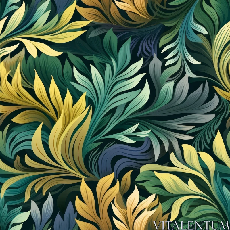 AI ART Vintage Leaves Pattern - Green, Blue, Yellow | Seamless Design