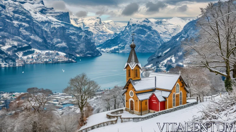 AI ART Winter Landscape with Snow-Covered Church on Hill | Serene Nature Scene