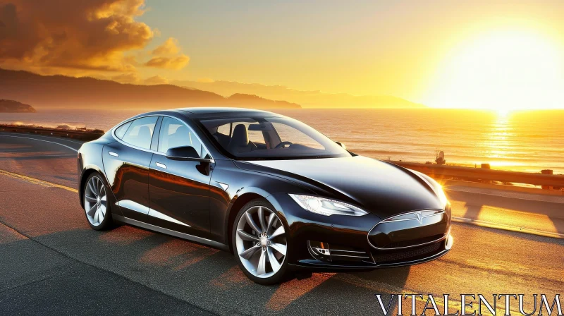Black Tesla Model S Driving on Coastal Road at Sunset AI Image