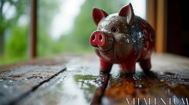 Ceramic Piggy Bank on Wet Wooden Table with Rainy Window AI Image