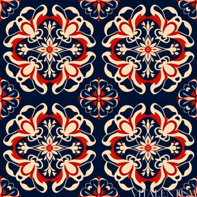 Dark Blue Floral Decorative Tiles Pattern AI Image