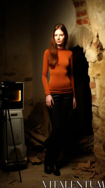 Dark Room Portrait: Red-Haired Woman in Serious Expression AI Image