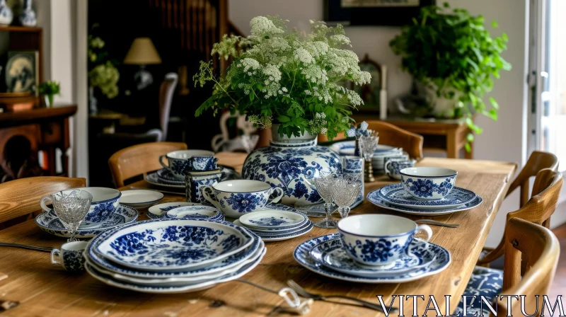 Elegance and Beauty: Wooden Table Set with Blue and White Porcelain Dishes AI Image