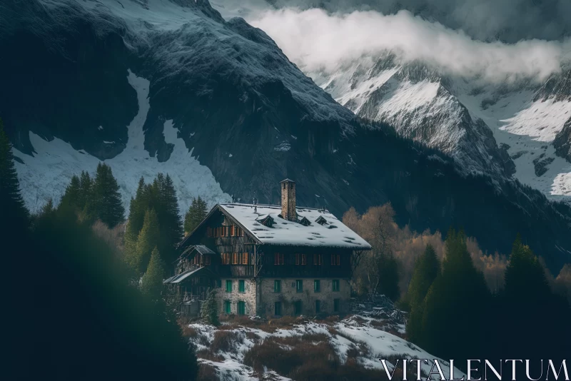 Enchanting Winter Mountain Chalet House: Atmospheric and Moody Landscapes AI Image