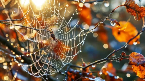 Morning Dew Spider Web in Autumn Setting