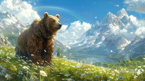 Mountain Valley Landscape with Bear and Rainbow